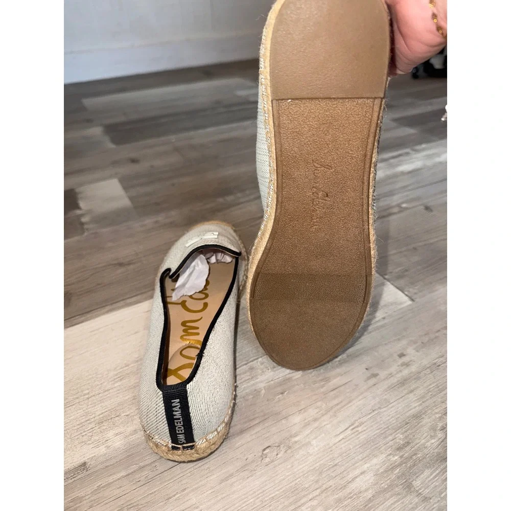 Sam Edelman Kathleen Espadrille Flats Women Light Grey White Fabric SE Logo 8.5M